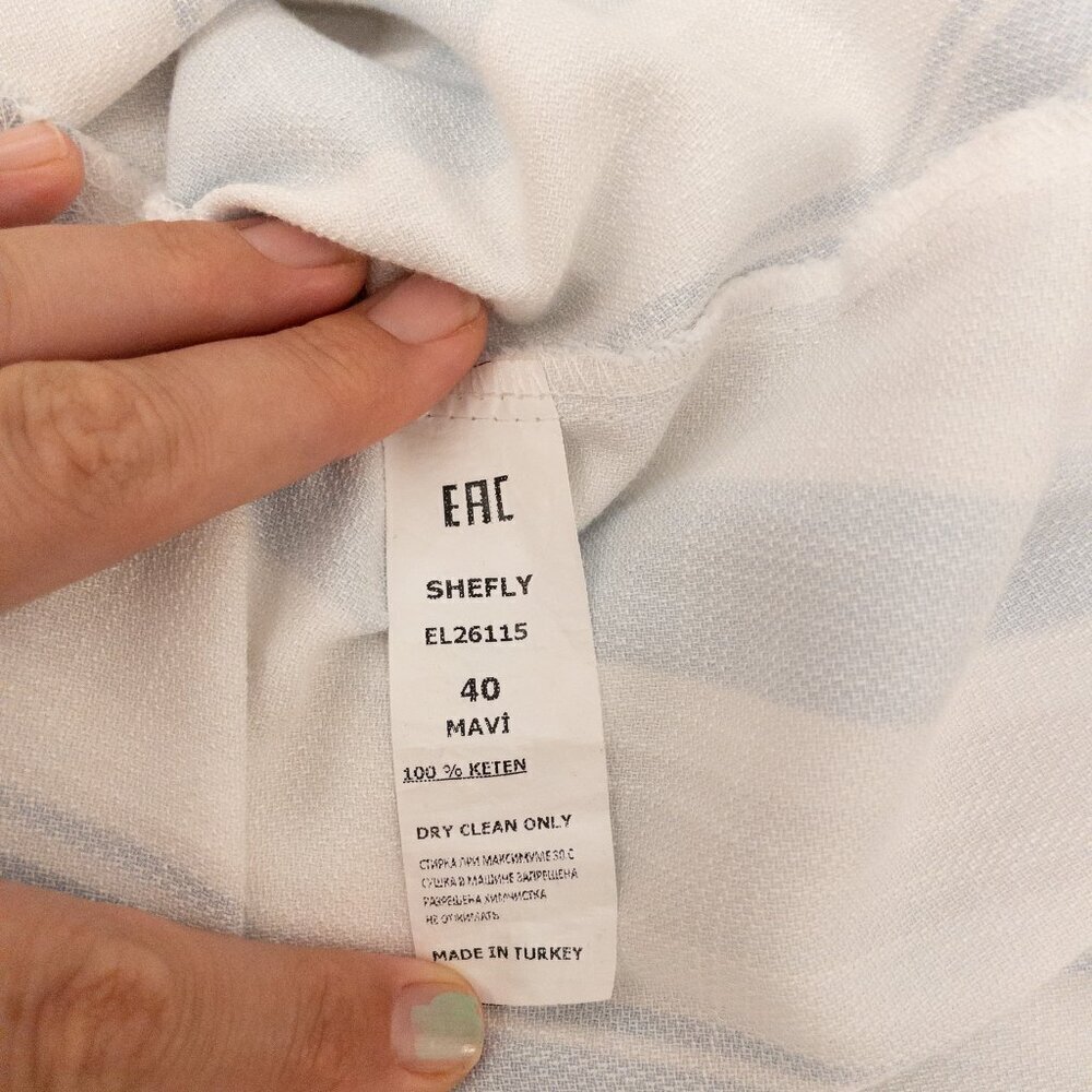 SheFly Blue White Striped Linen Dress Size 40 M Sleeveless Wrap Bodice Summer - Picture 4 of 5
